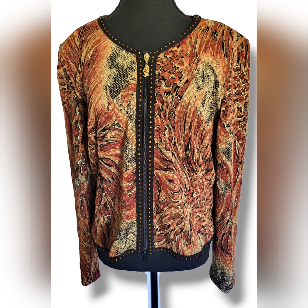 Joseph Ribkoff Women Two-Way Zip Animal Print Jacket Studded Metallic Textured M